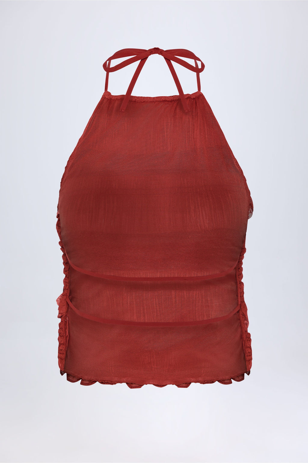 Ruffled High-Neck Backless Top in Burnt Red