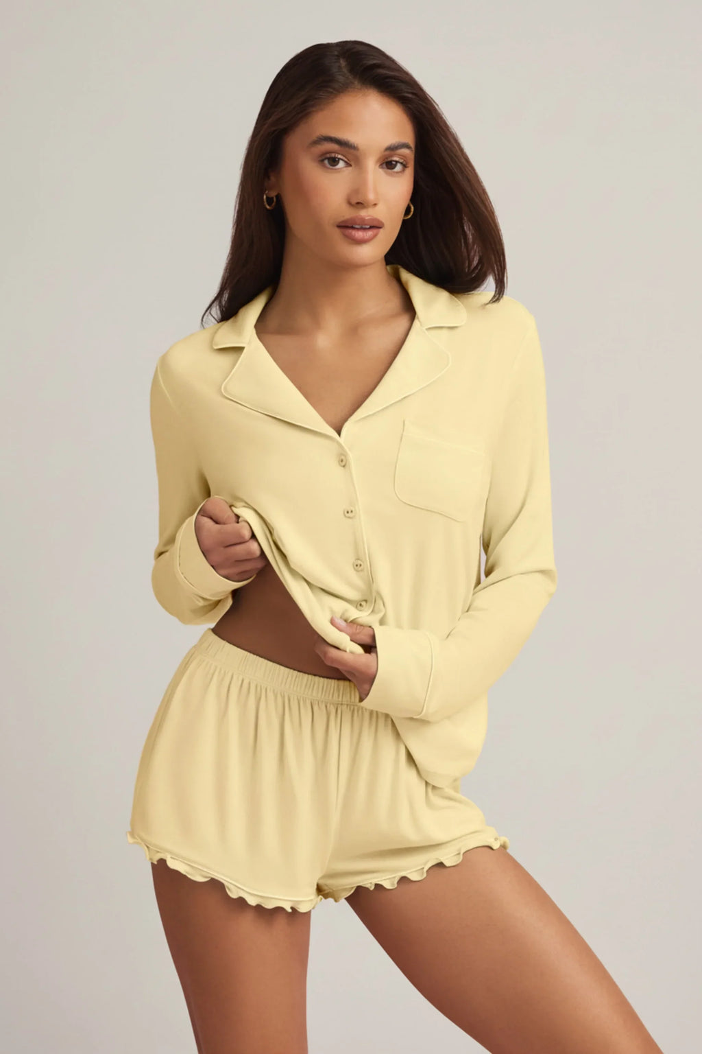 Modal Ruffle-Trim Pyjama Shorts in Pastel Yellow