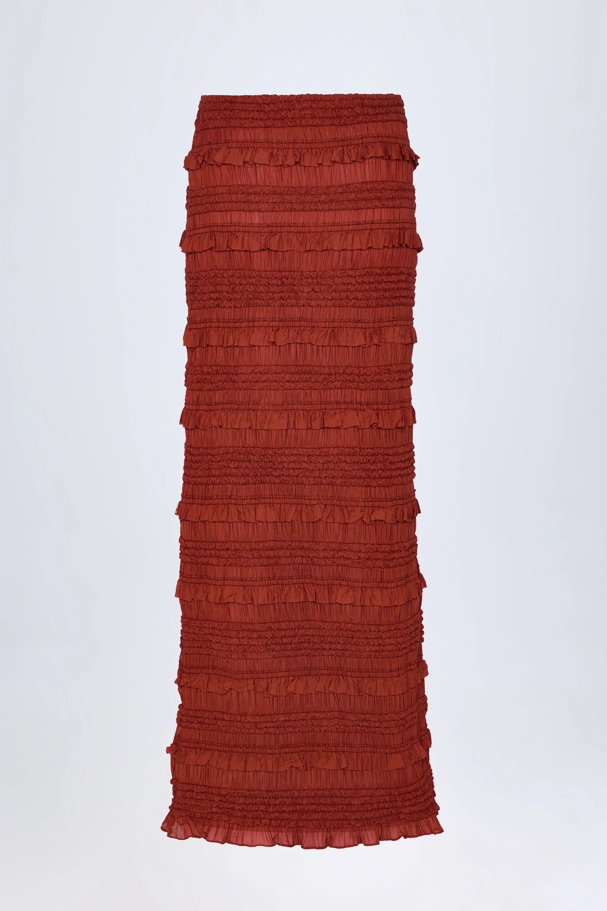 Ruffled Mid-Rise Maxi Skirt in Burnt Red
