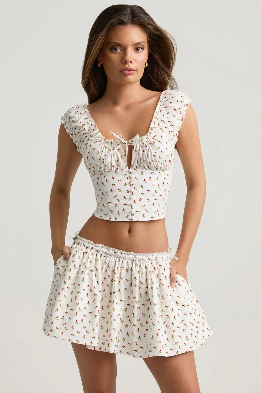 Ruched Cotton-Poplin Mini Skirt in Rose Print