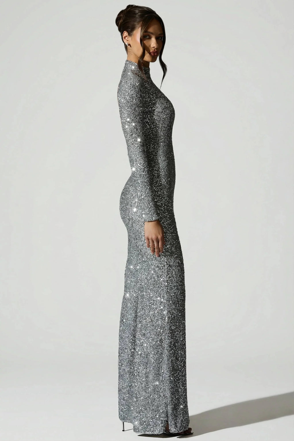 Embellished Open-Back Gown in Silver