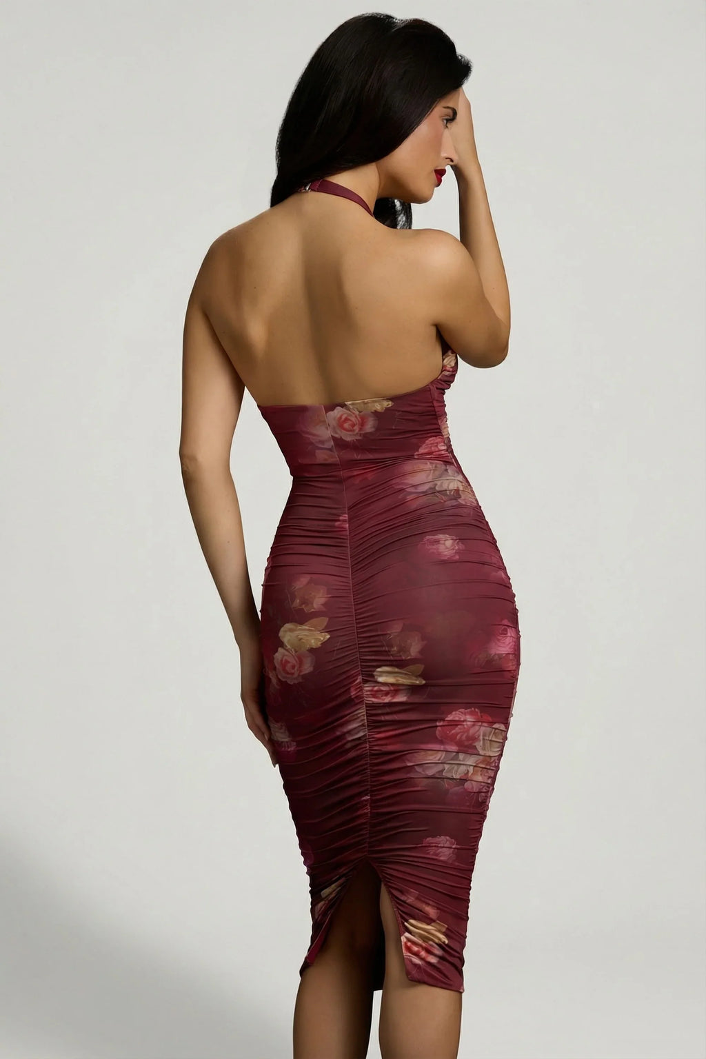 Ruched Plunge Halterneck Midi Dress in Maroon Floral Print