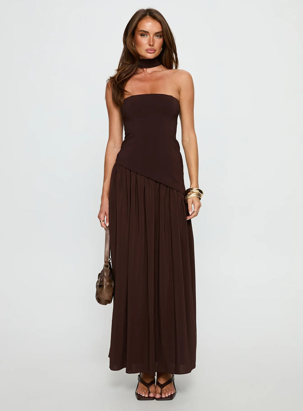 Odela Strapless Scarf Drop Waist Maxi Dress Chocolate