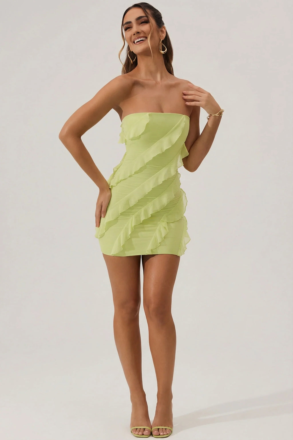 Bandeau Ruffle Detail Mini Dress in Lime Green
