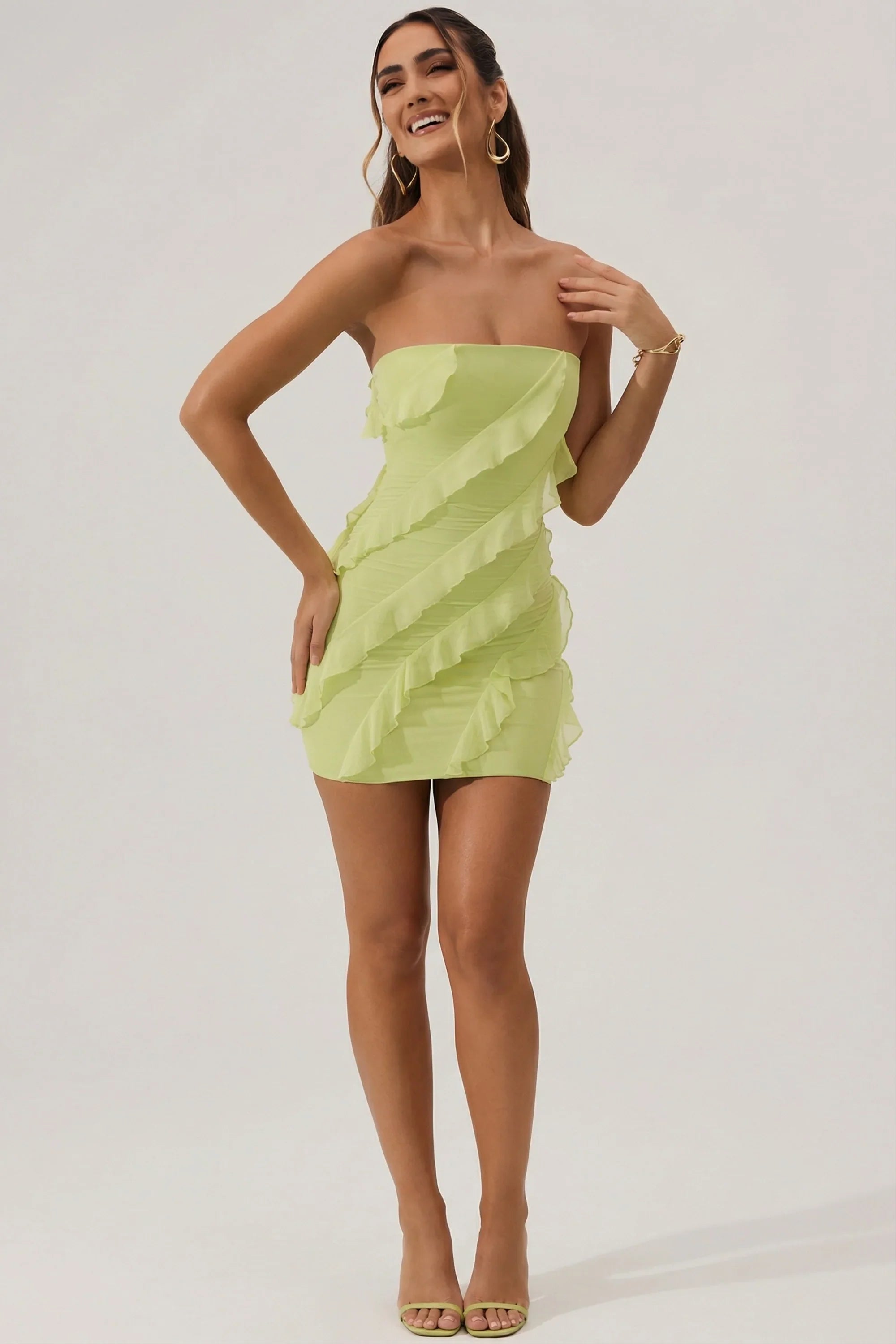 Bandeau Ruffle Detail Mini Dress in Lime Green
