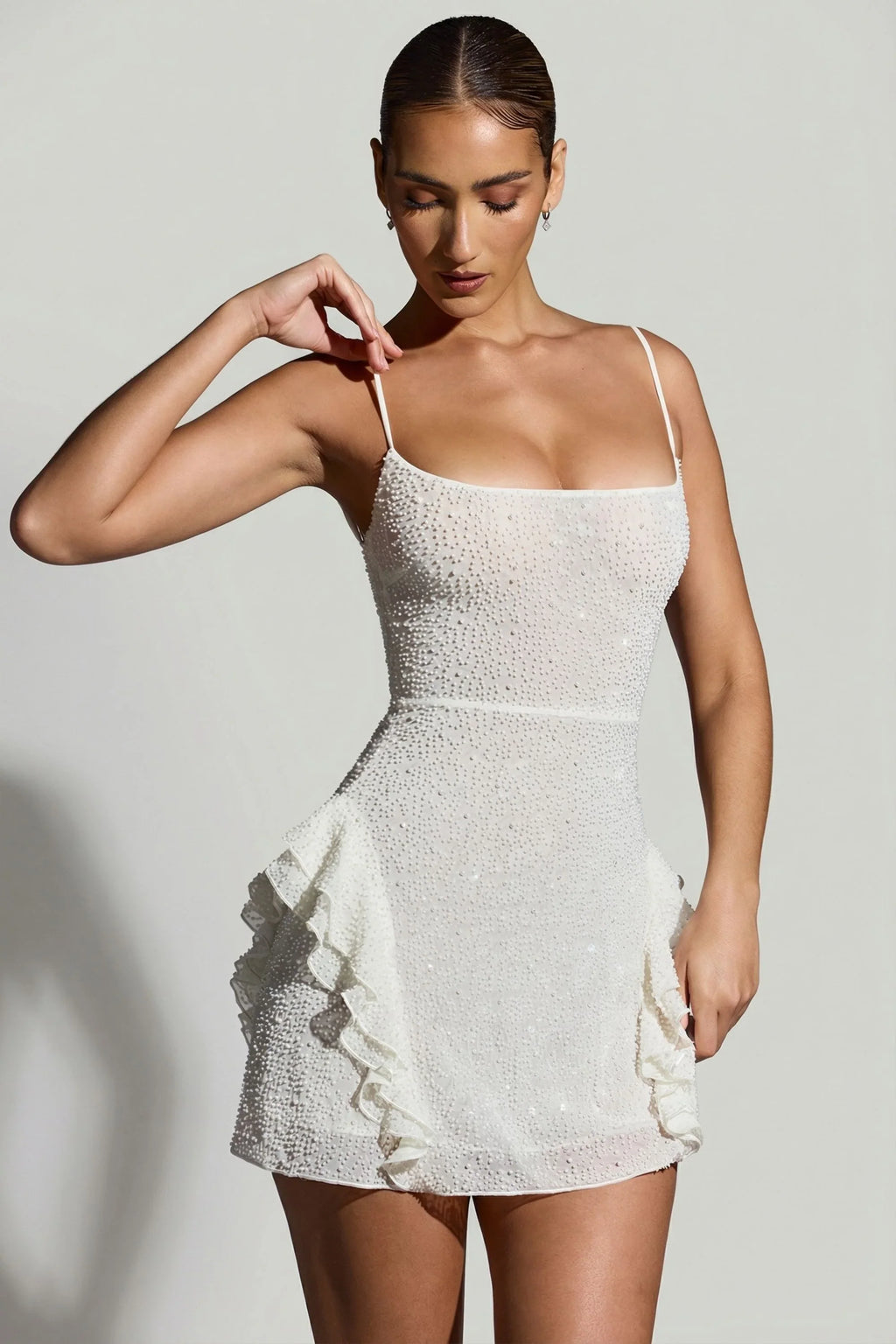 Embellished Frill Mini Dress in White