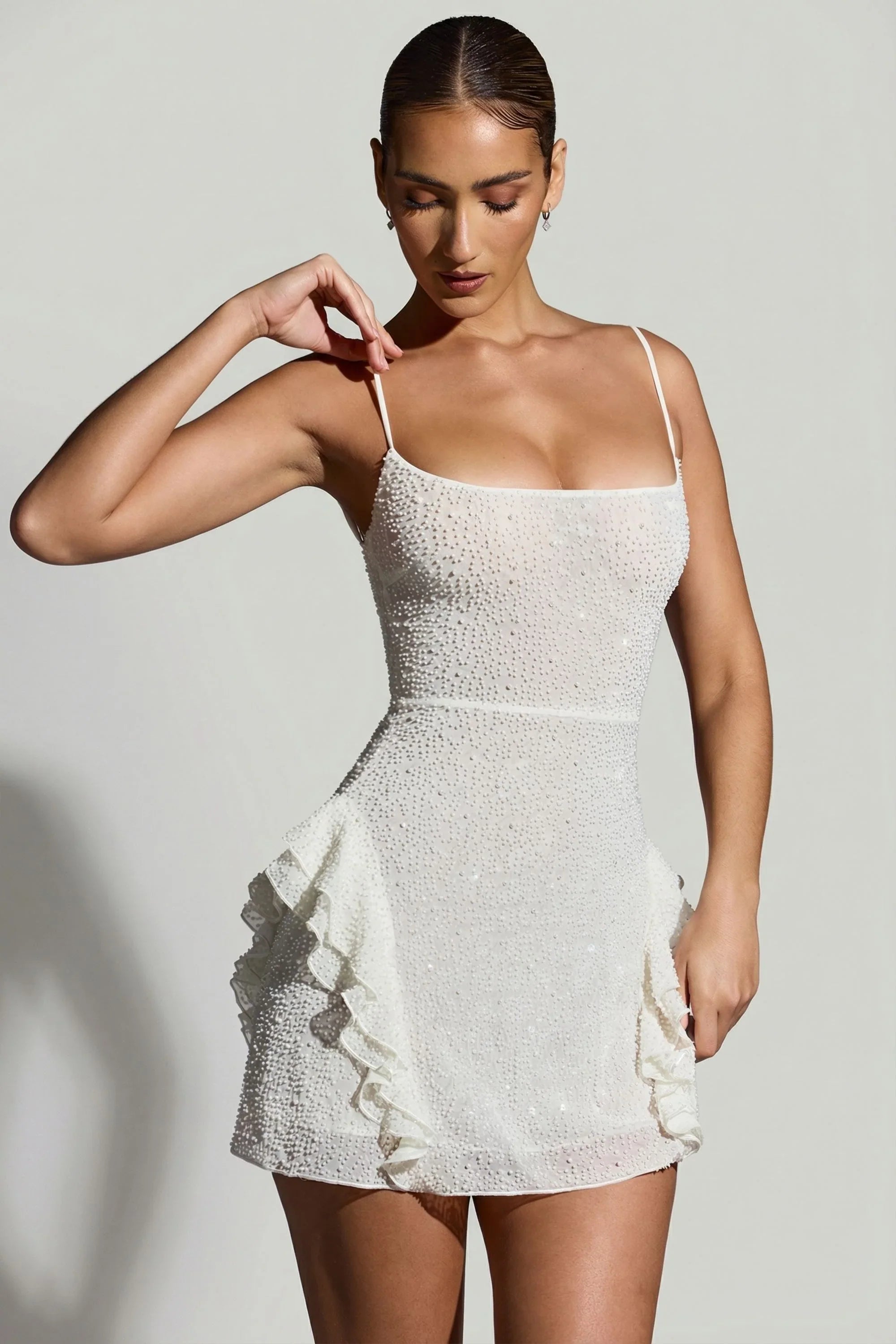 Embellished Frill Mini Dress in White