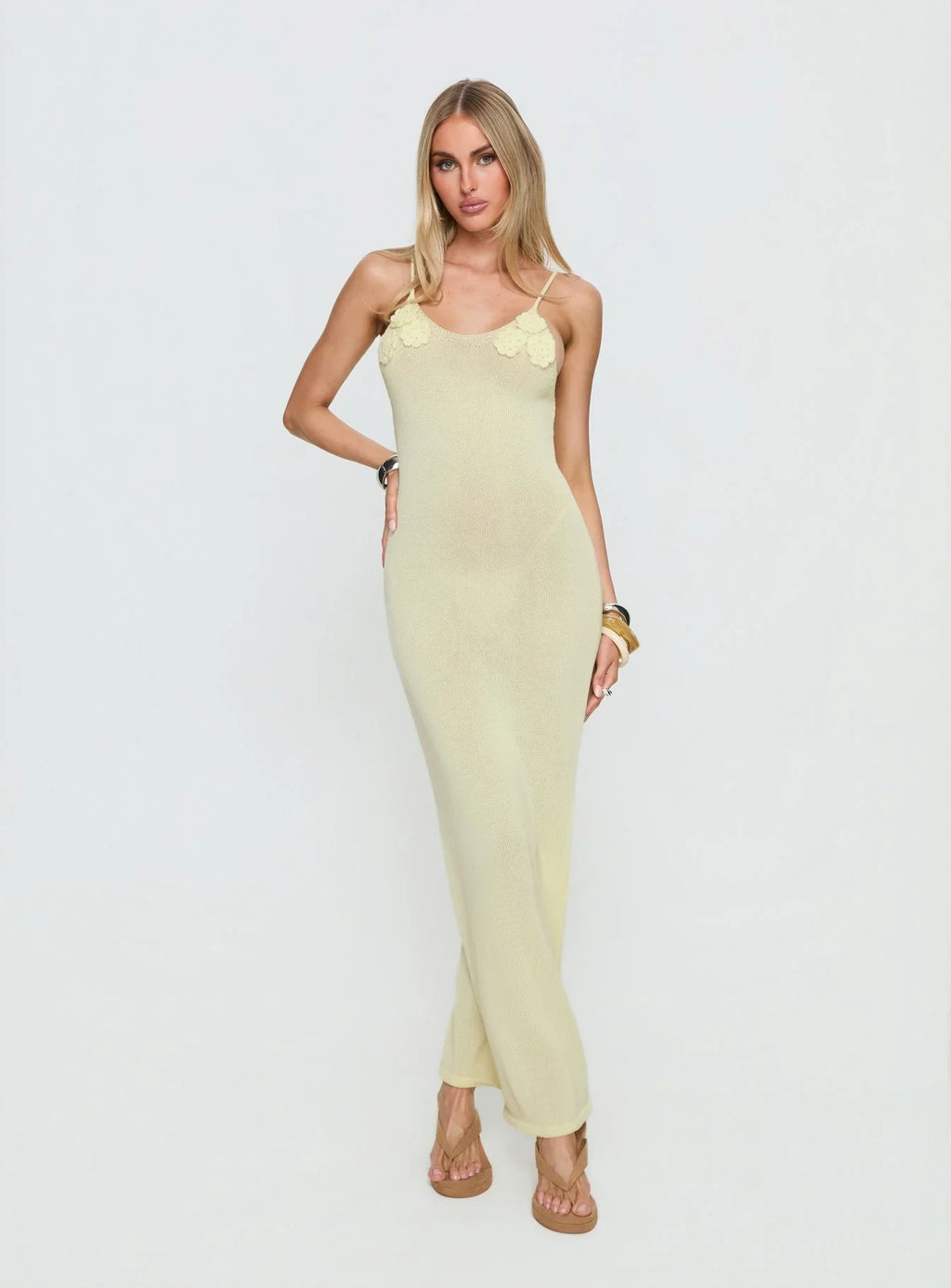 Cinderella Knit Floral Detail Maxi Dress Lemon Yellow