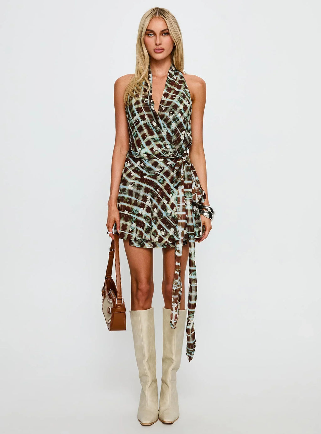 Brissa Halter Wrap Mini Dress Brown Multi