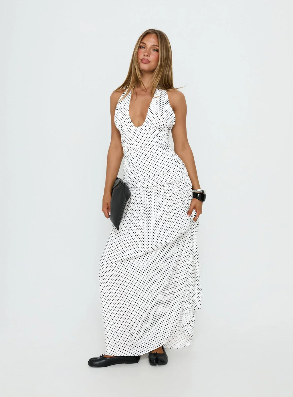 Millen Gathered Waist Halter Maxi Dress White Polka Dot