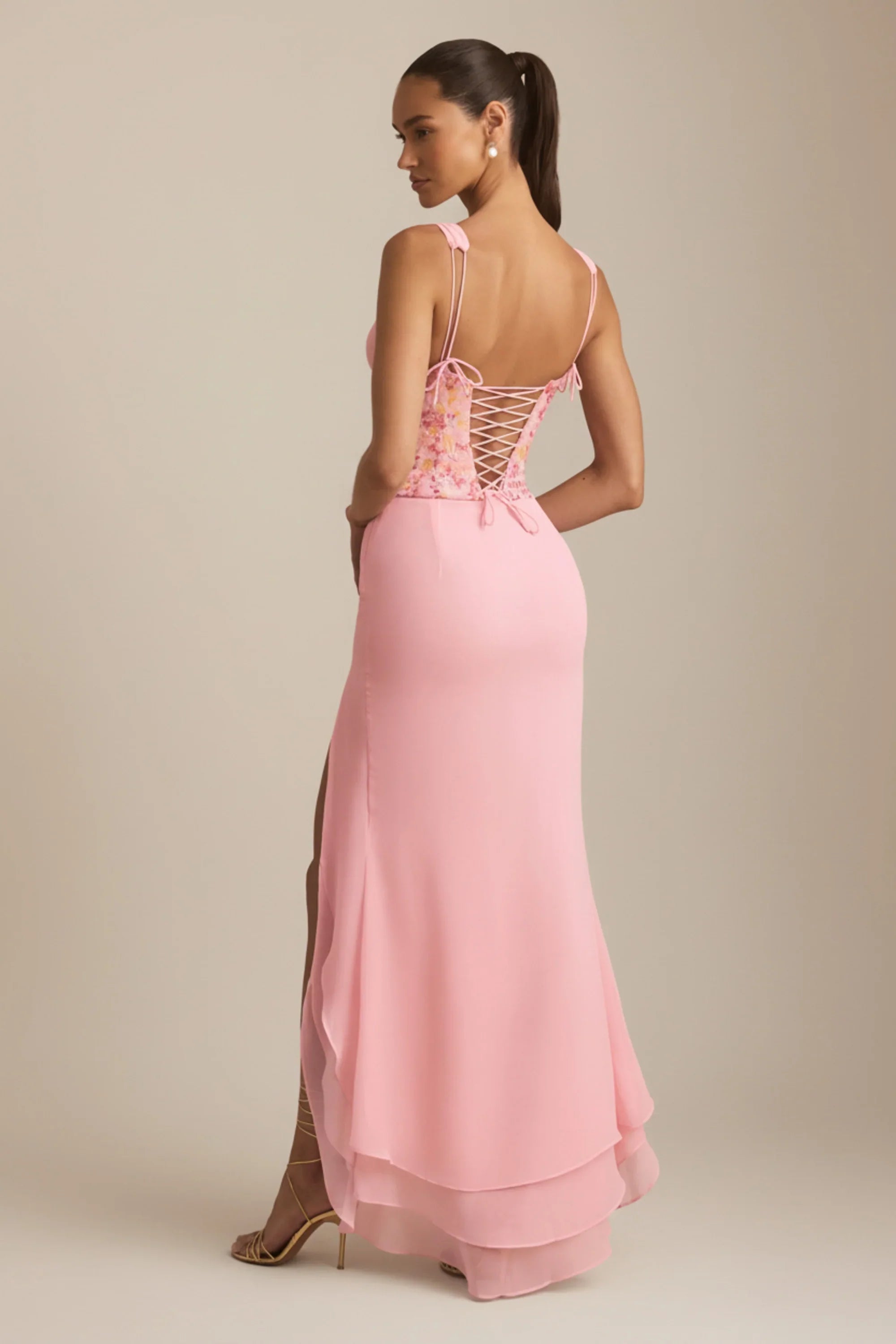 Embellished Plunge Ruffled Corset Maxi Dress in Pink
