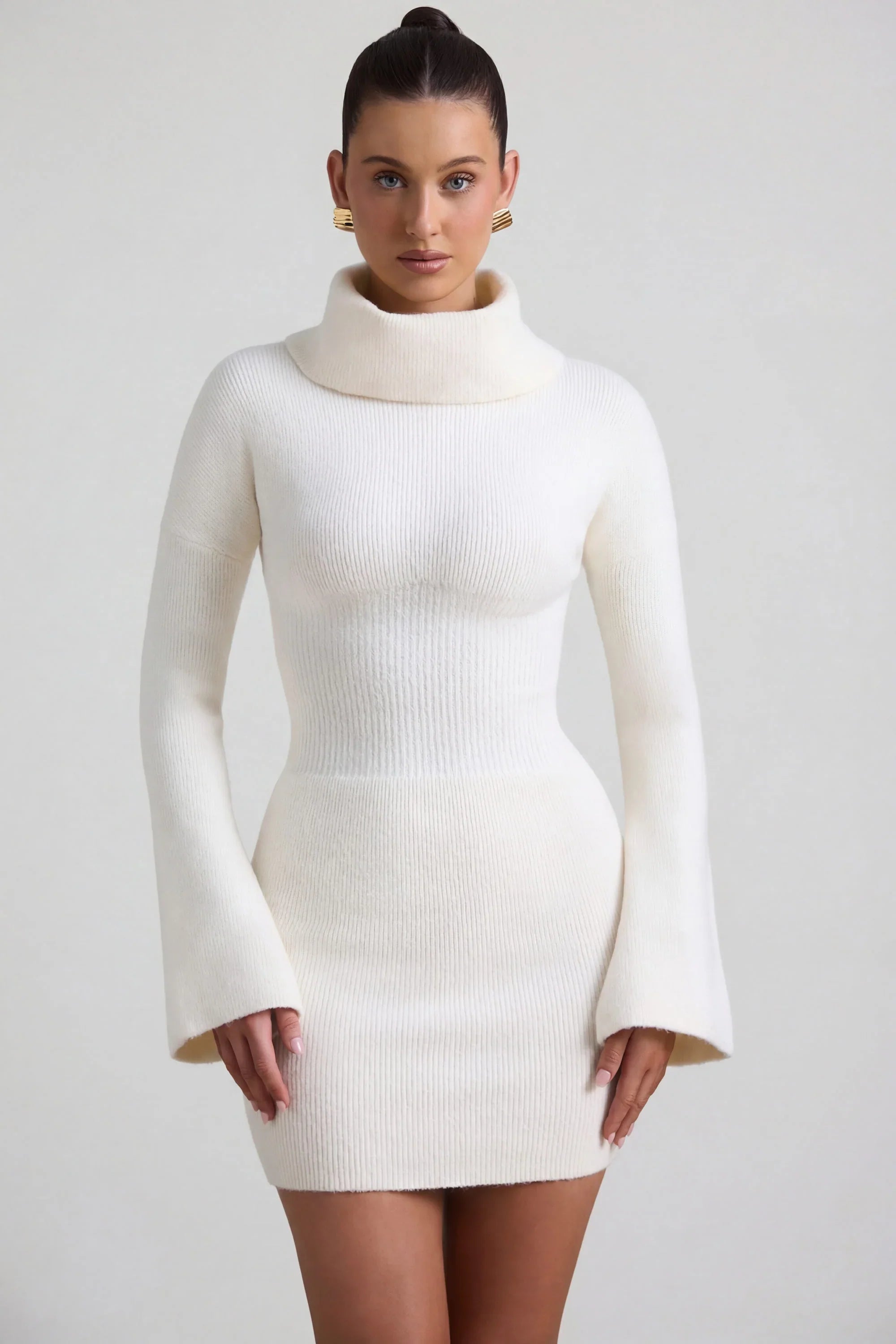 Ribbed-Knit Turtleneck Mini Jumper Dress in Ivory