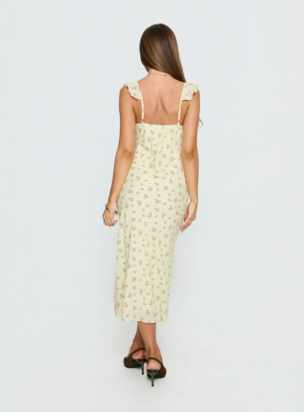 Leabelle Frill V Neck Maxi Dress Yellow Floral