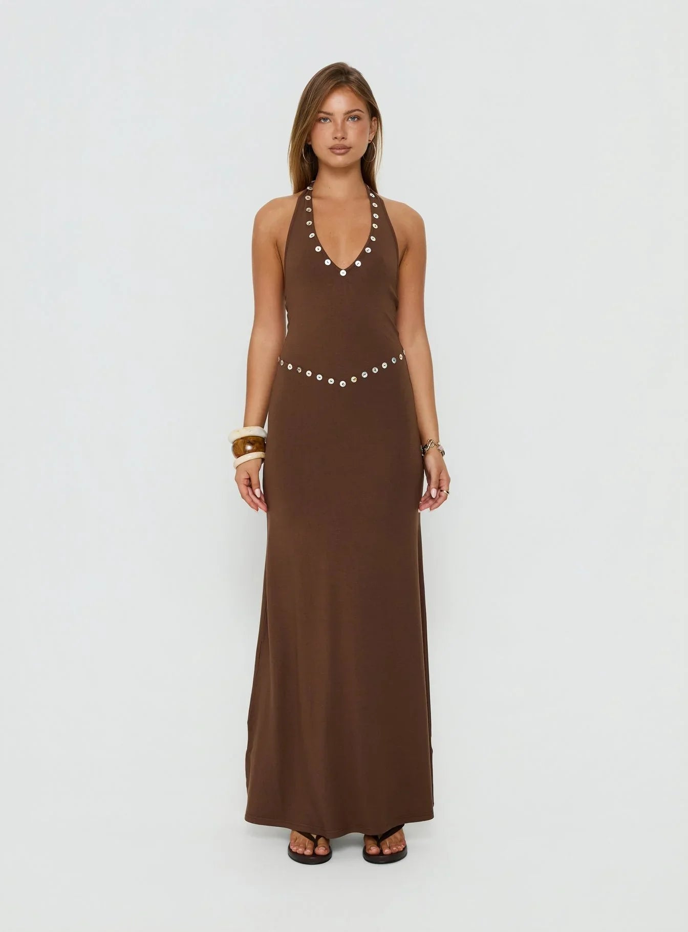 Correna Embellished Halter Maxi Dress Chocolate