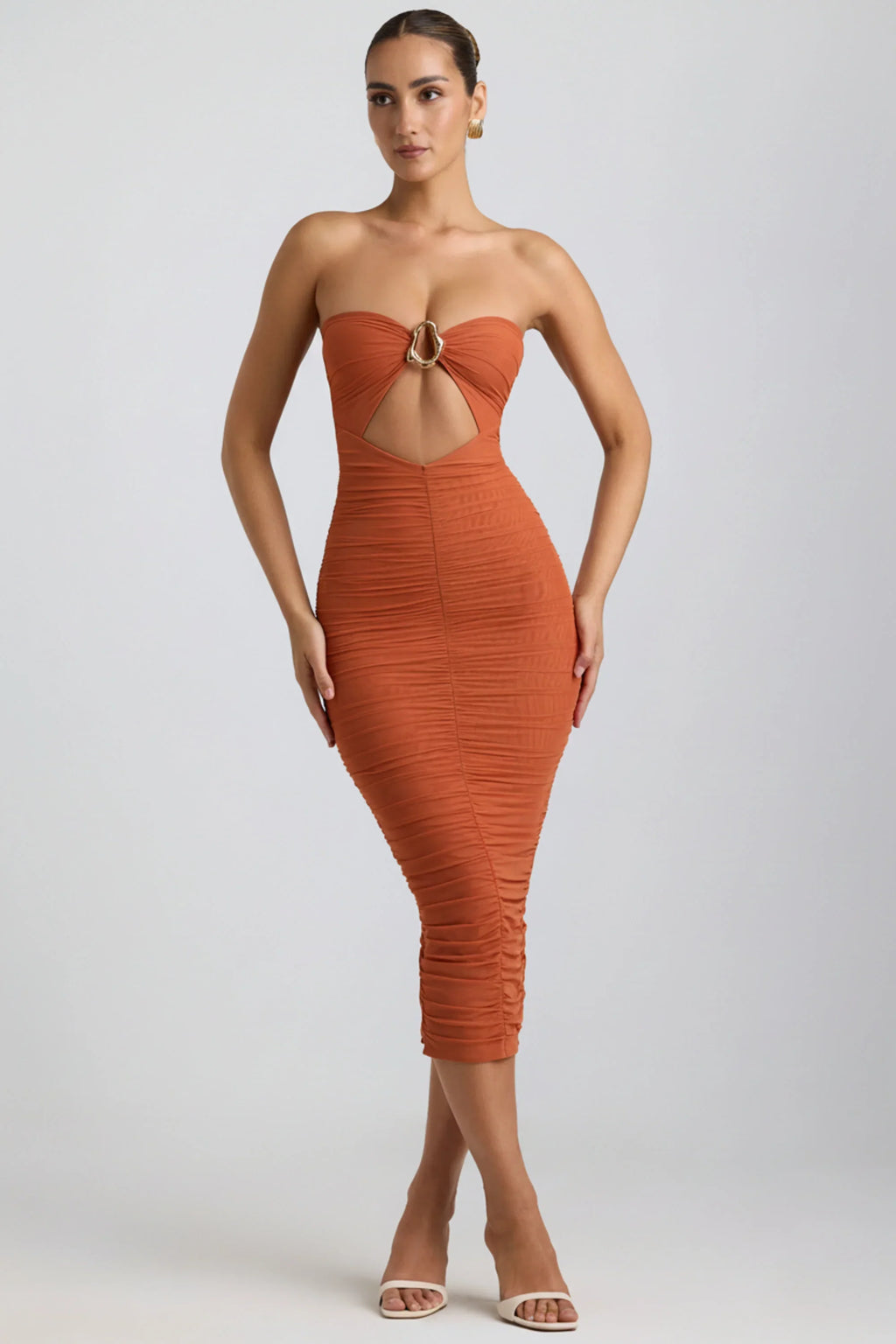 Ruched Hardware Detail Strapless Midaxi Dress in Burnt Orange