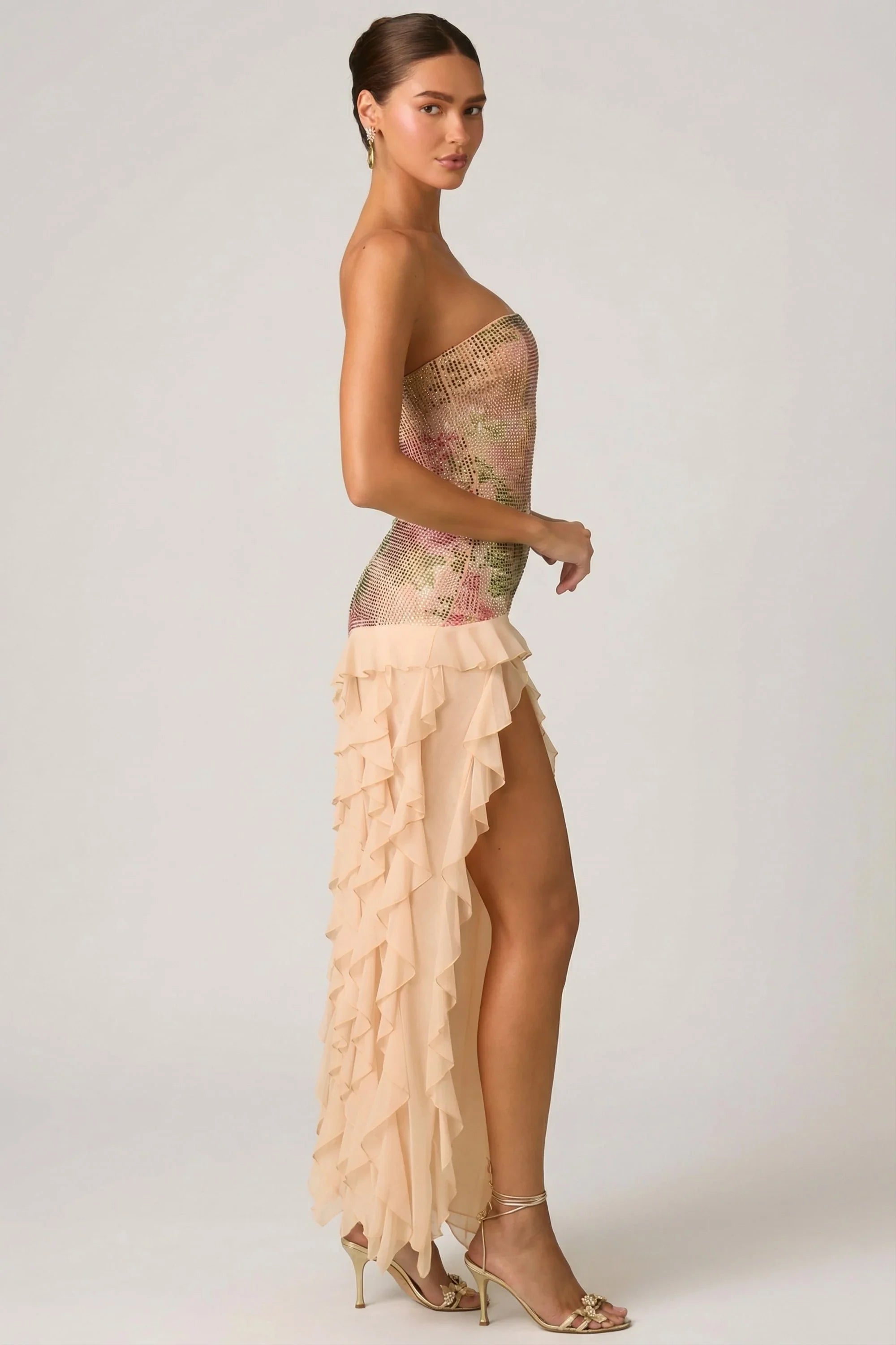 Embellished Ruffle-Trim Strapless Gown in Rose Hotfix