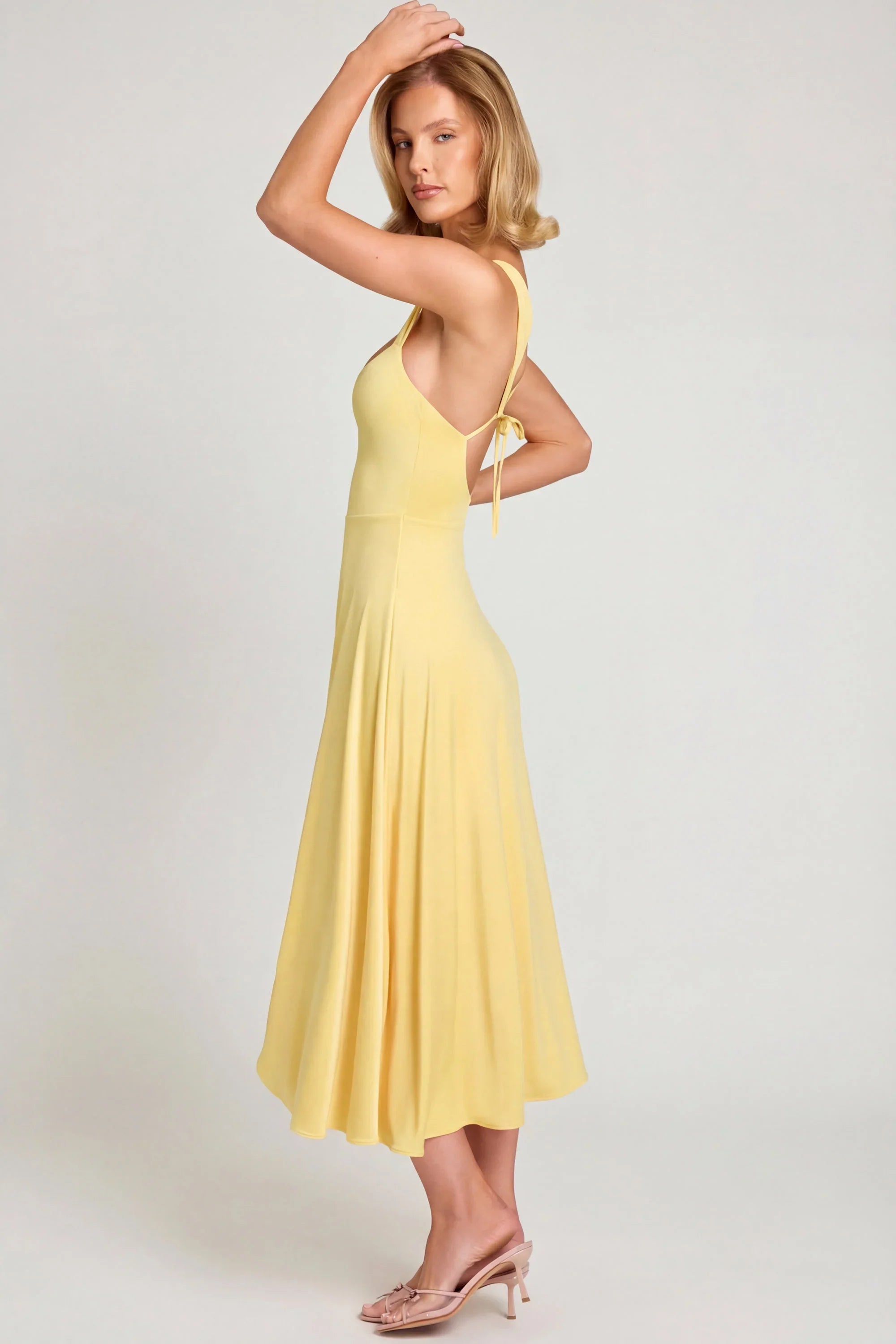 Sweetheart-Neck Ruched Midaxi Dress in Pastel Yellow