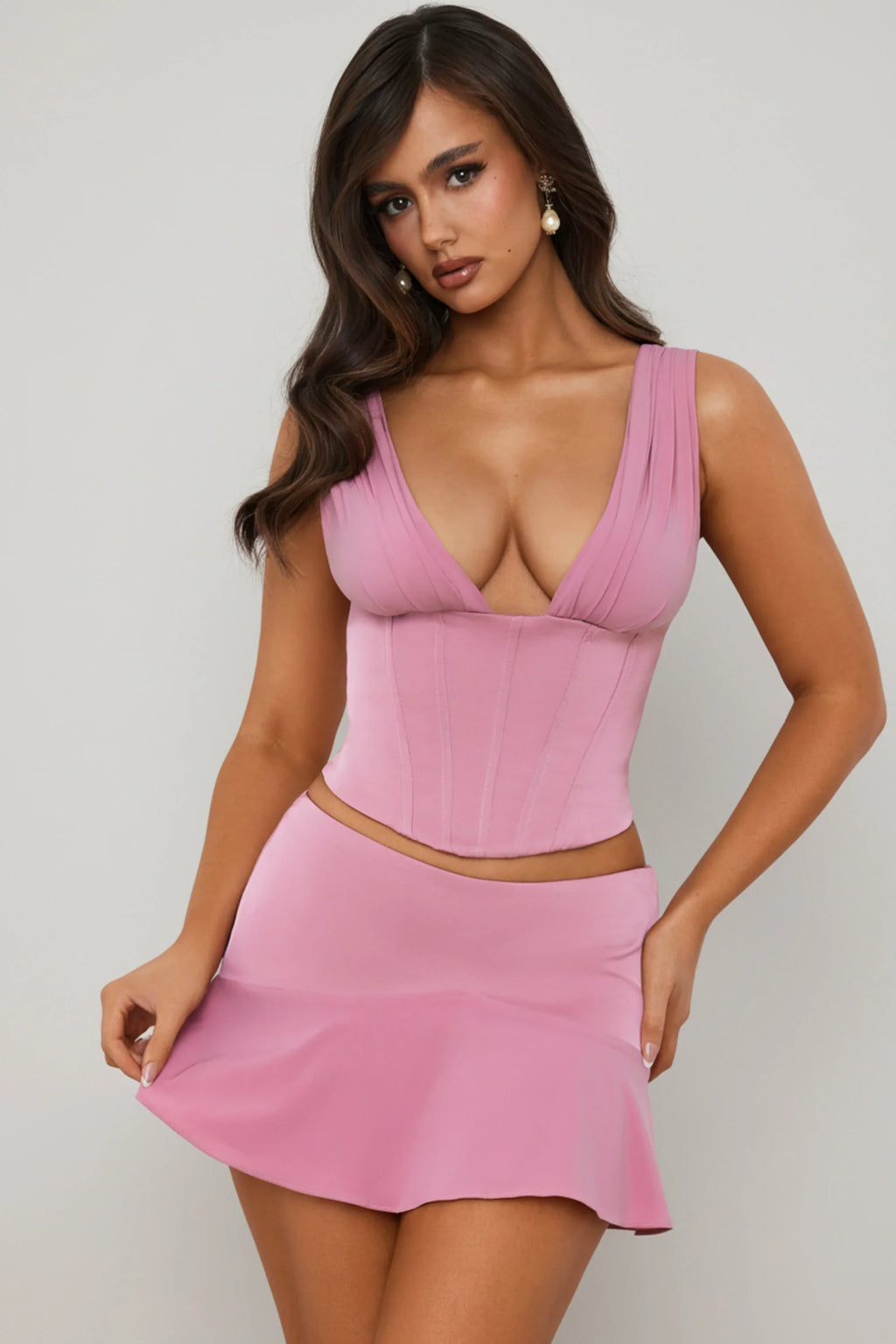 Mid-Rise Godet A-Line Mini Skirt in Mauve