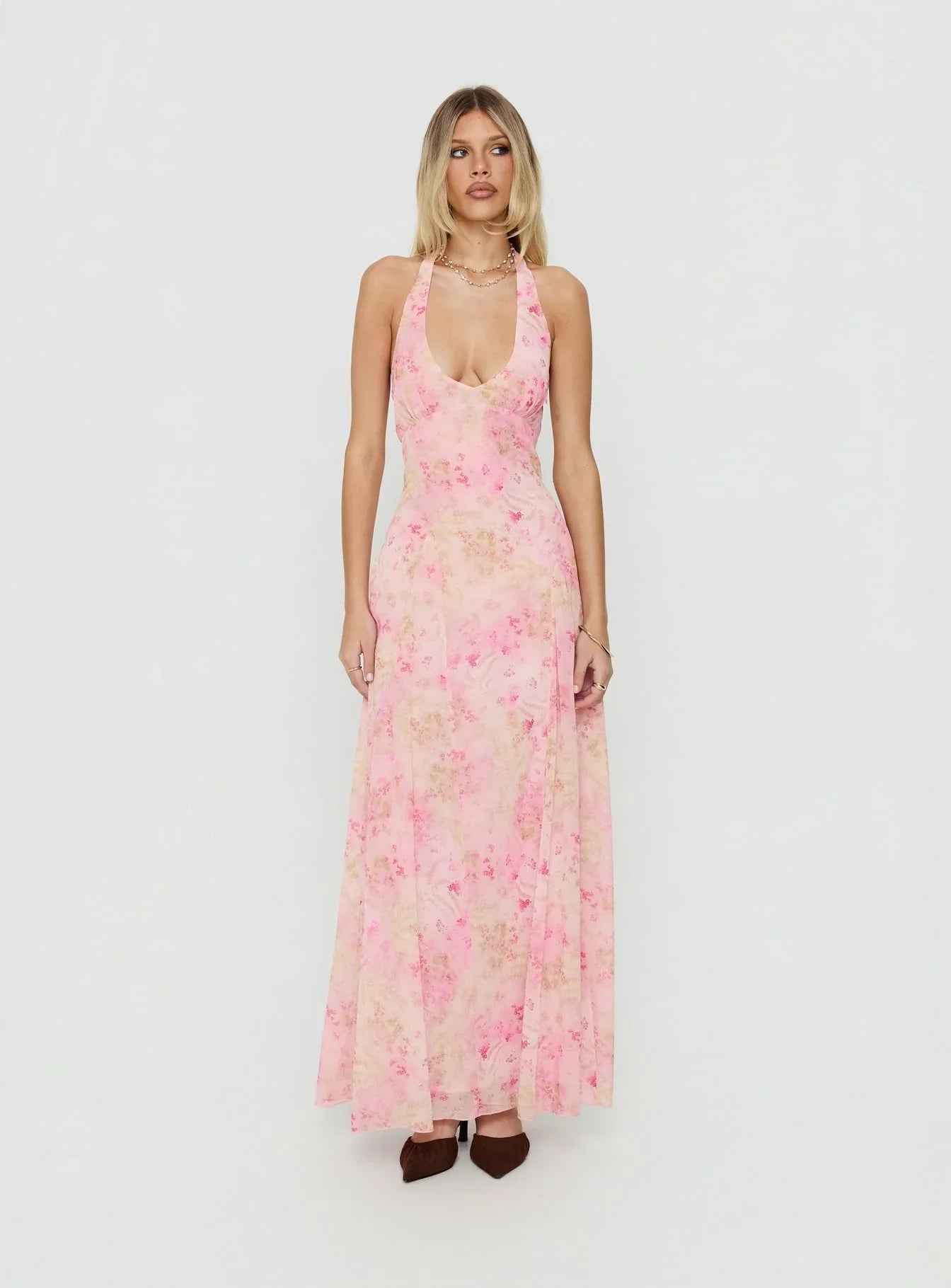 Dandelions Halter Maxi Dress Pink Floral