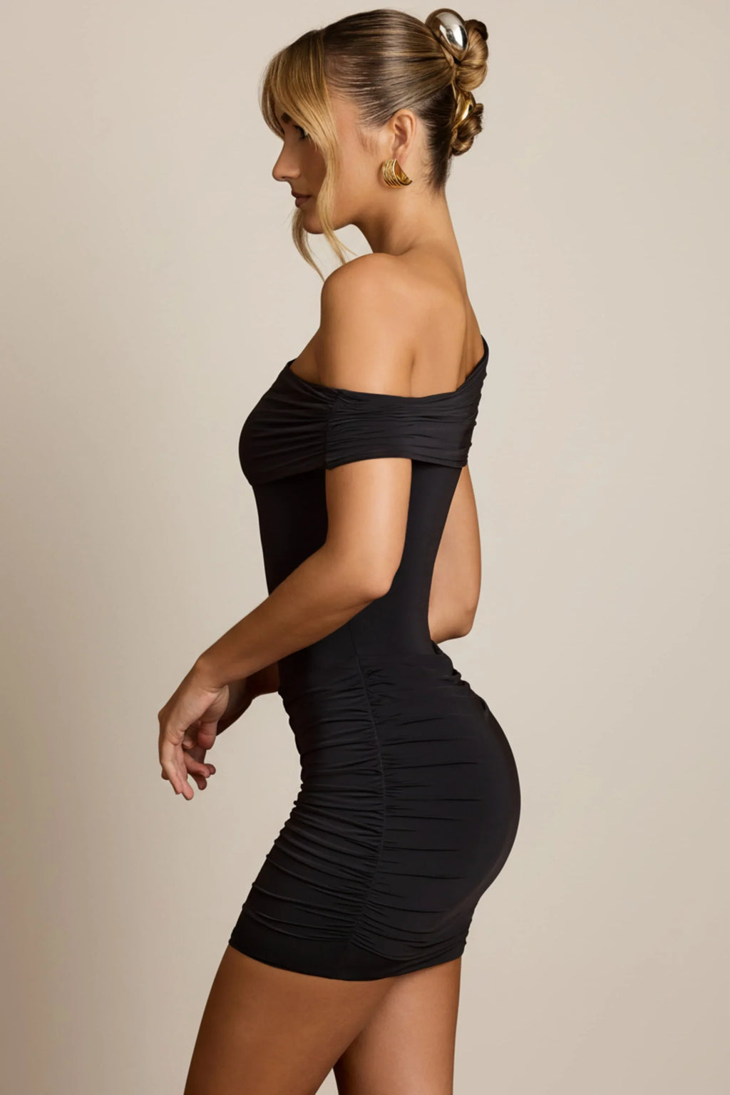 Off-Shoulder Draped Mini Dress in Black