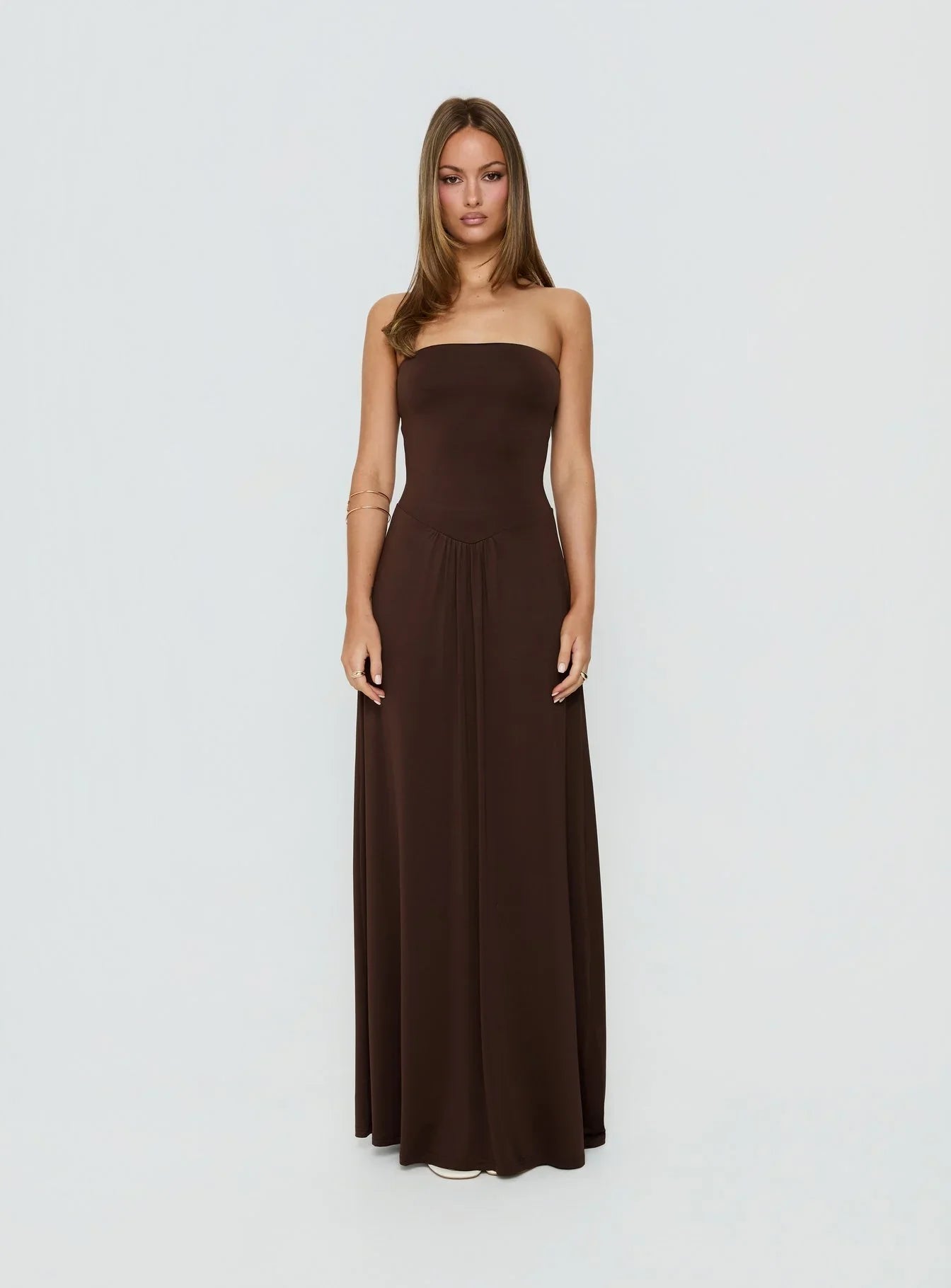 Ophal Strapless Drop Waist Maxi Dress Brown