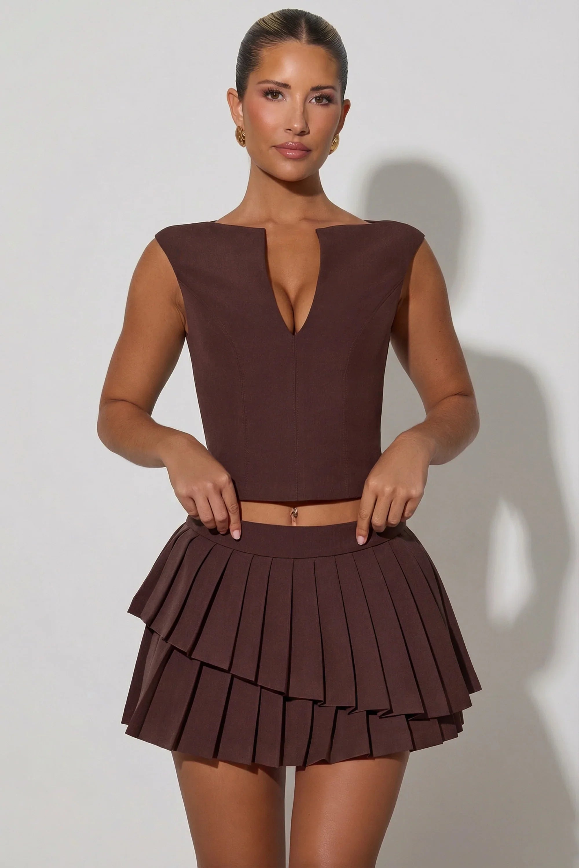 Open-Front Crop Top in Chocolate Brown
