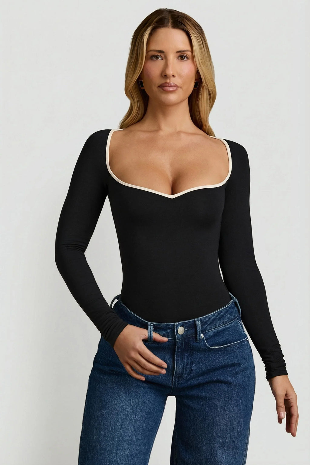 Modal Contrast-Trim Bodysuit in Black