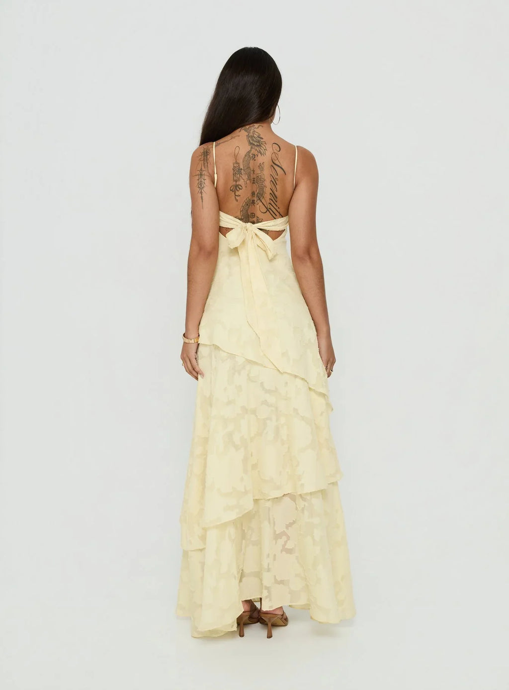 Lyricah Tiered Tie Back Maxi Dress Yellow