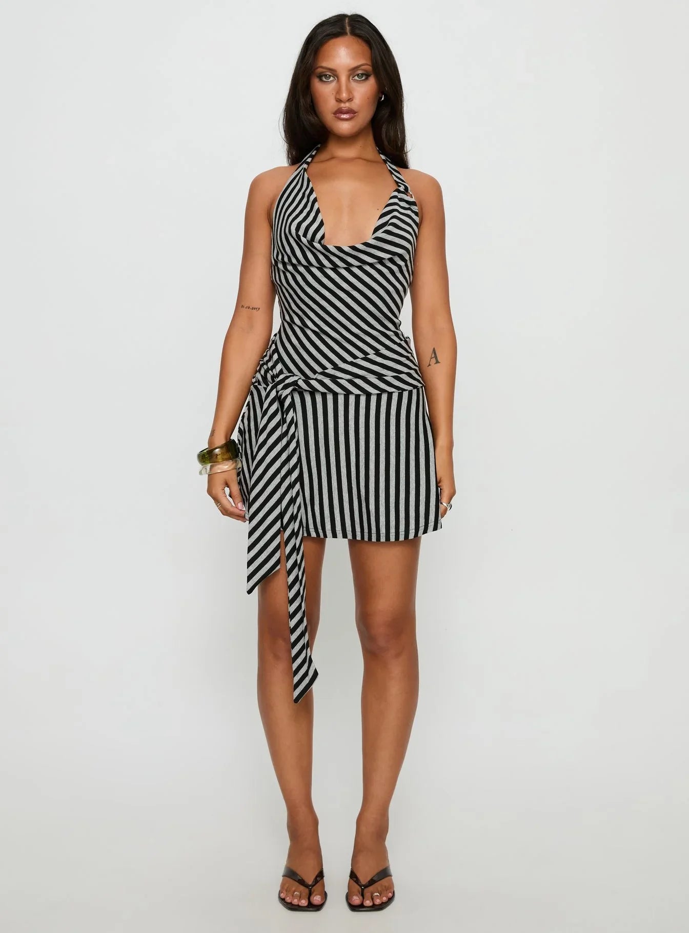 Terika Plunge Neck Halter Mini Dress Grey / Black