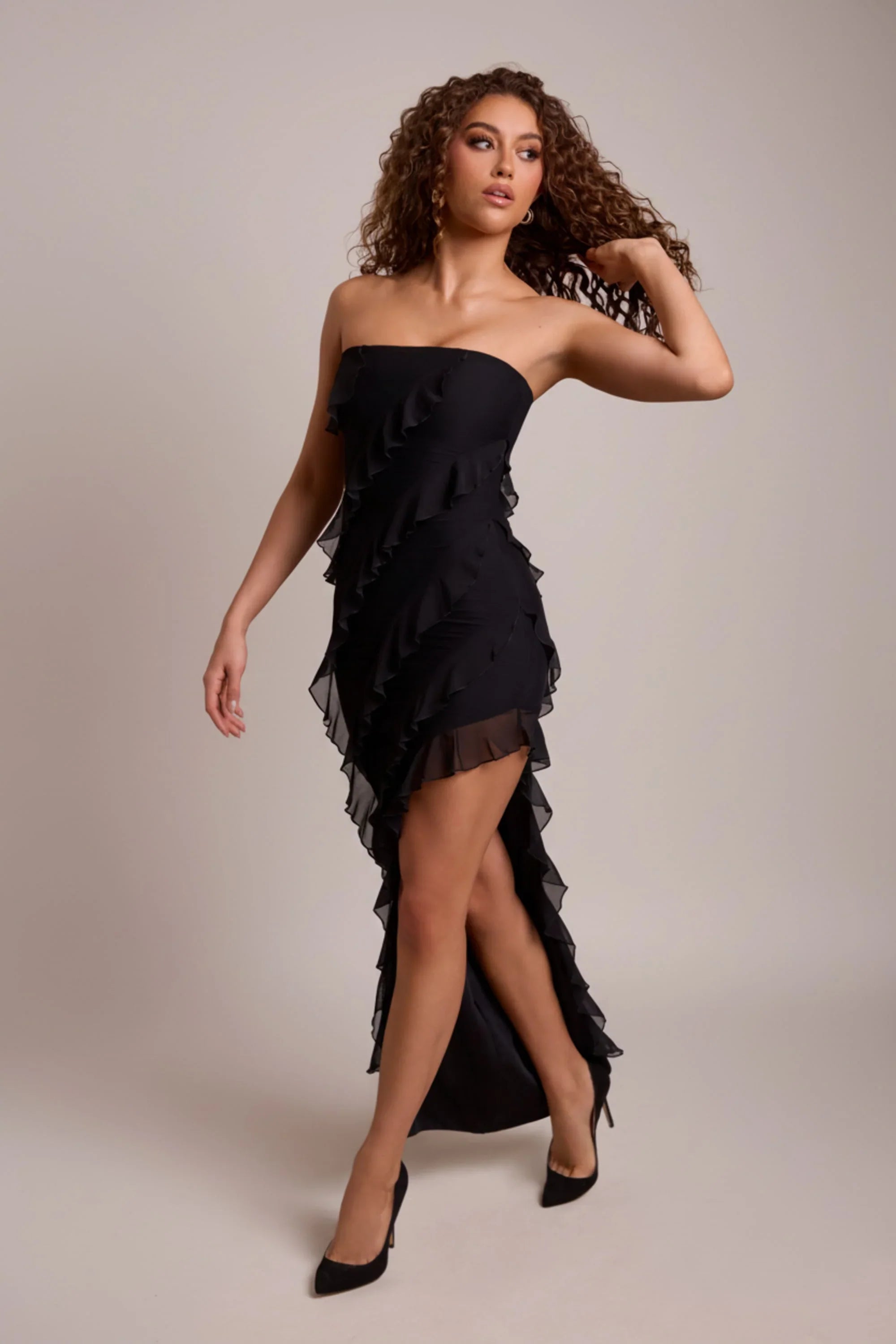 Bandeau Ruffle Detail Maxi Dress in Black