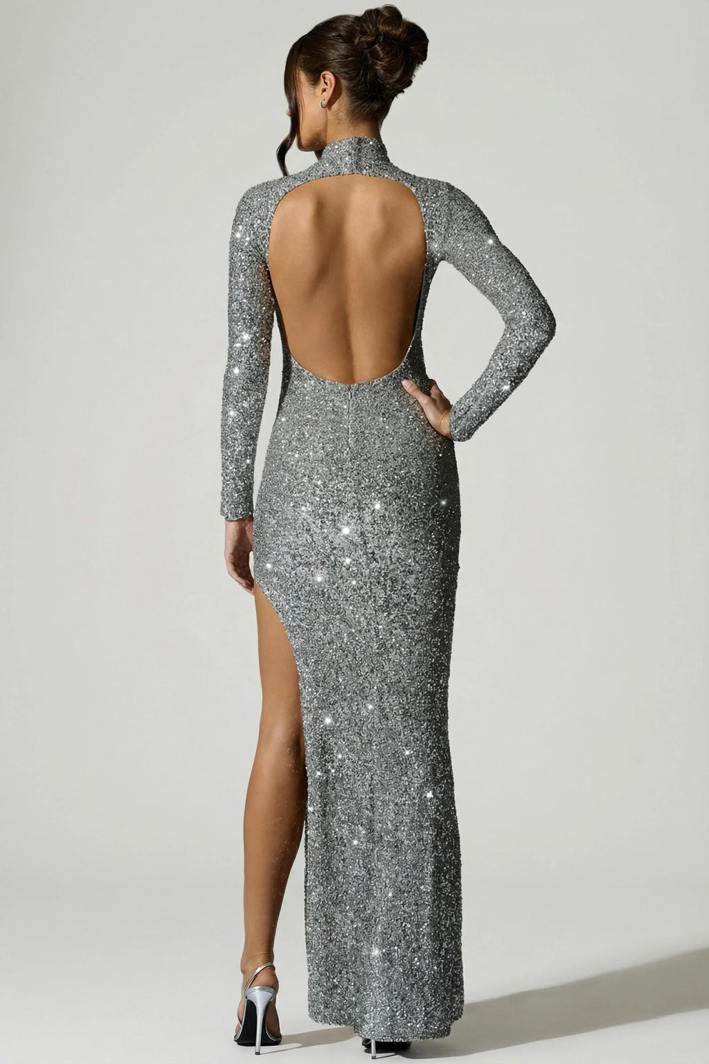 Embellished Open-Back Gown in Silver