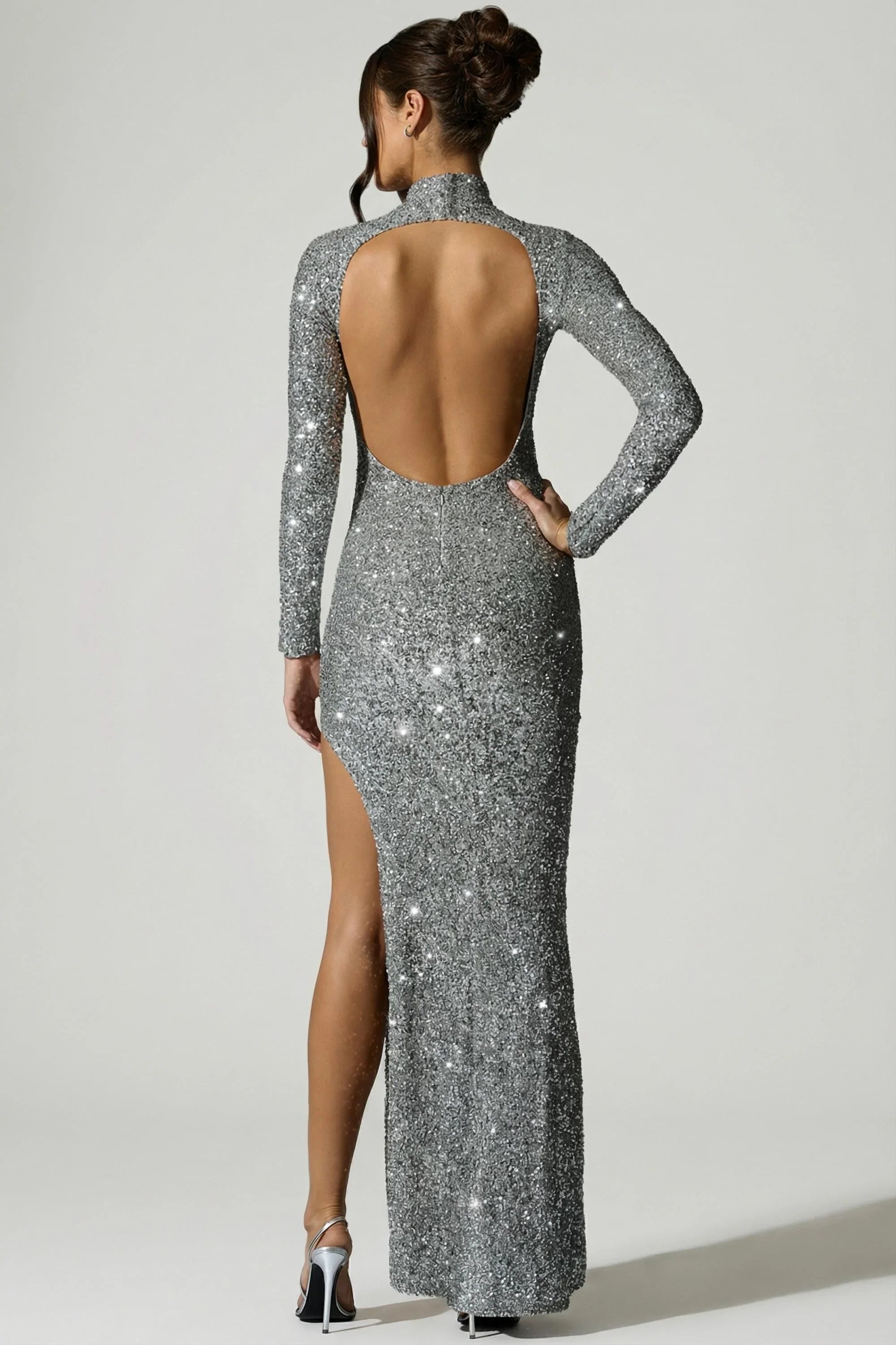 Embellished Open-Back Gown in Silver