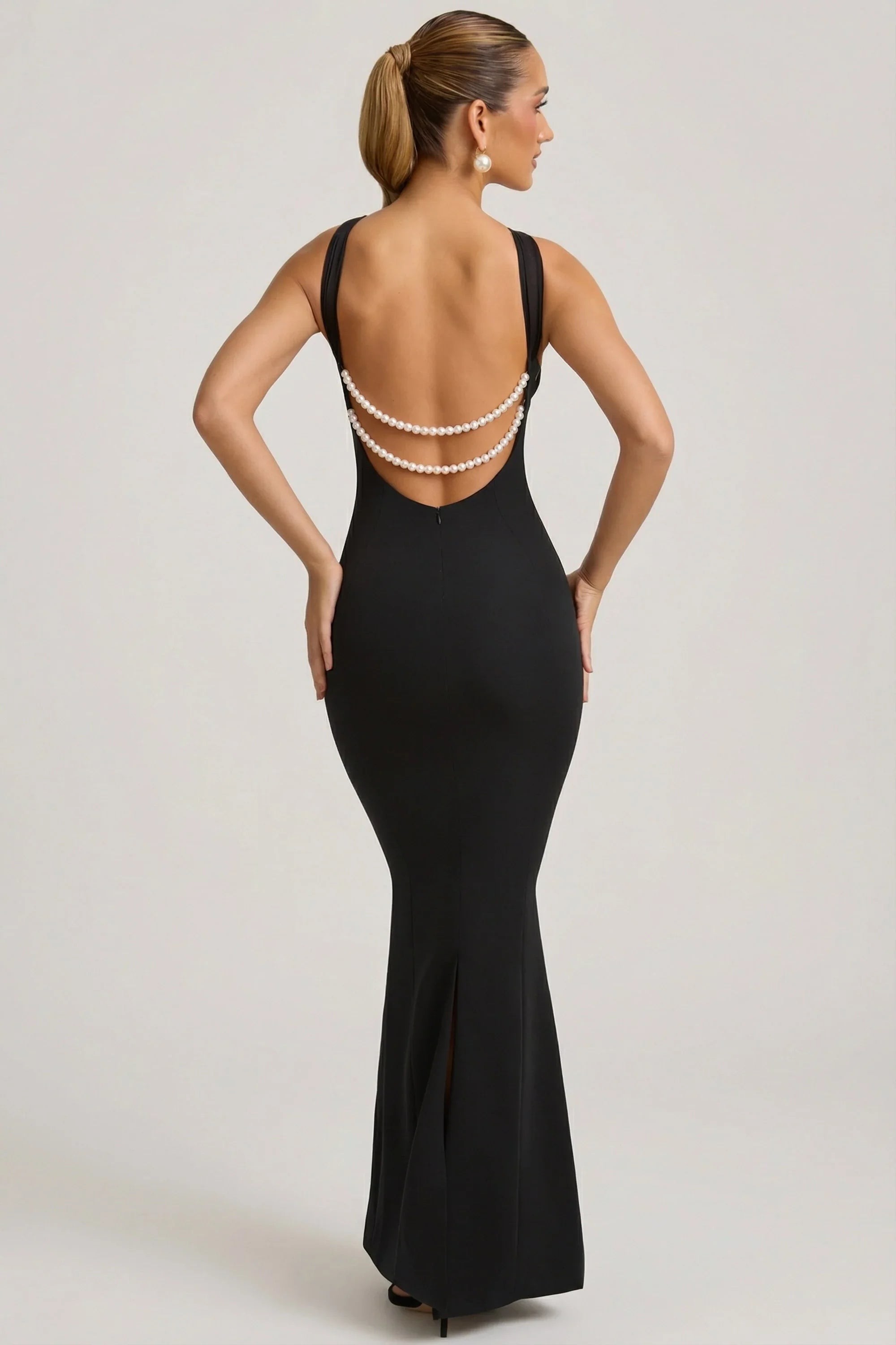 Pearl-Detail Halterneck Maxi Dress in Black