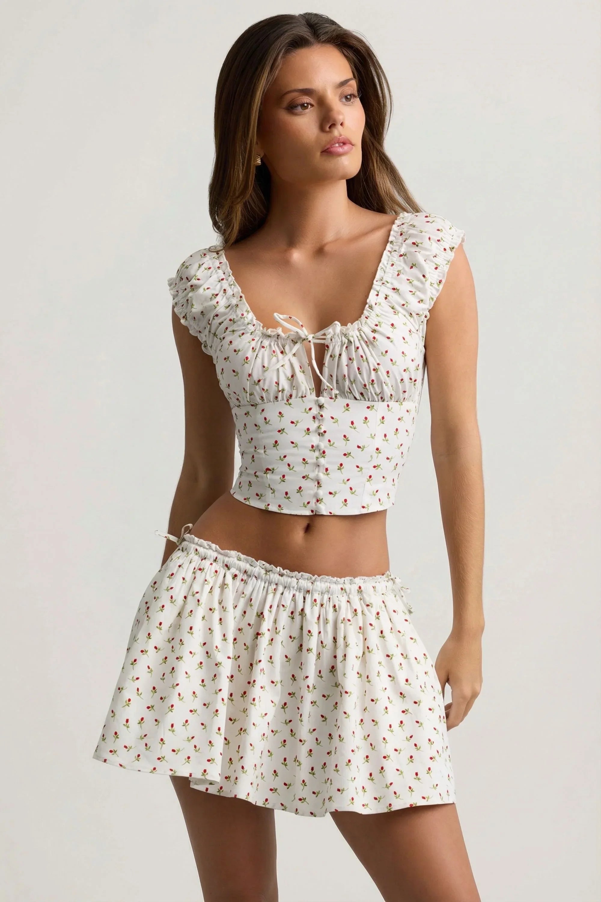 Ruched Cotton-Poplin Mini Skirt in Rose Print