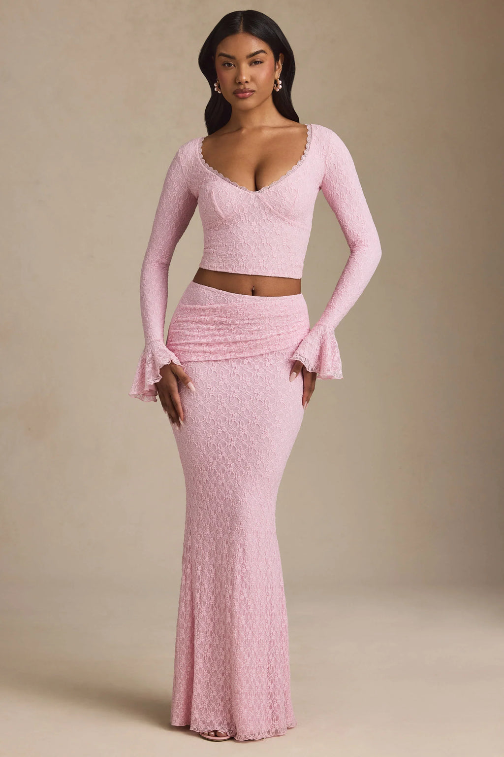 Ruffle Long-Sleeve Lace Top in Soft Pink