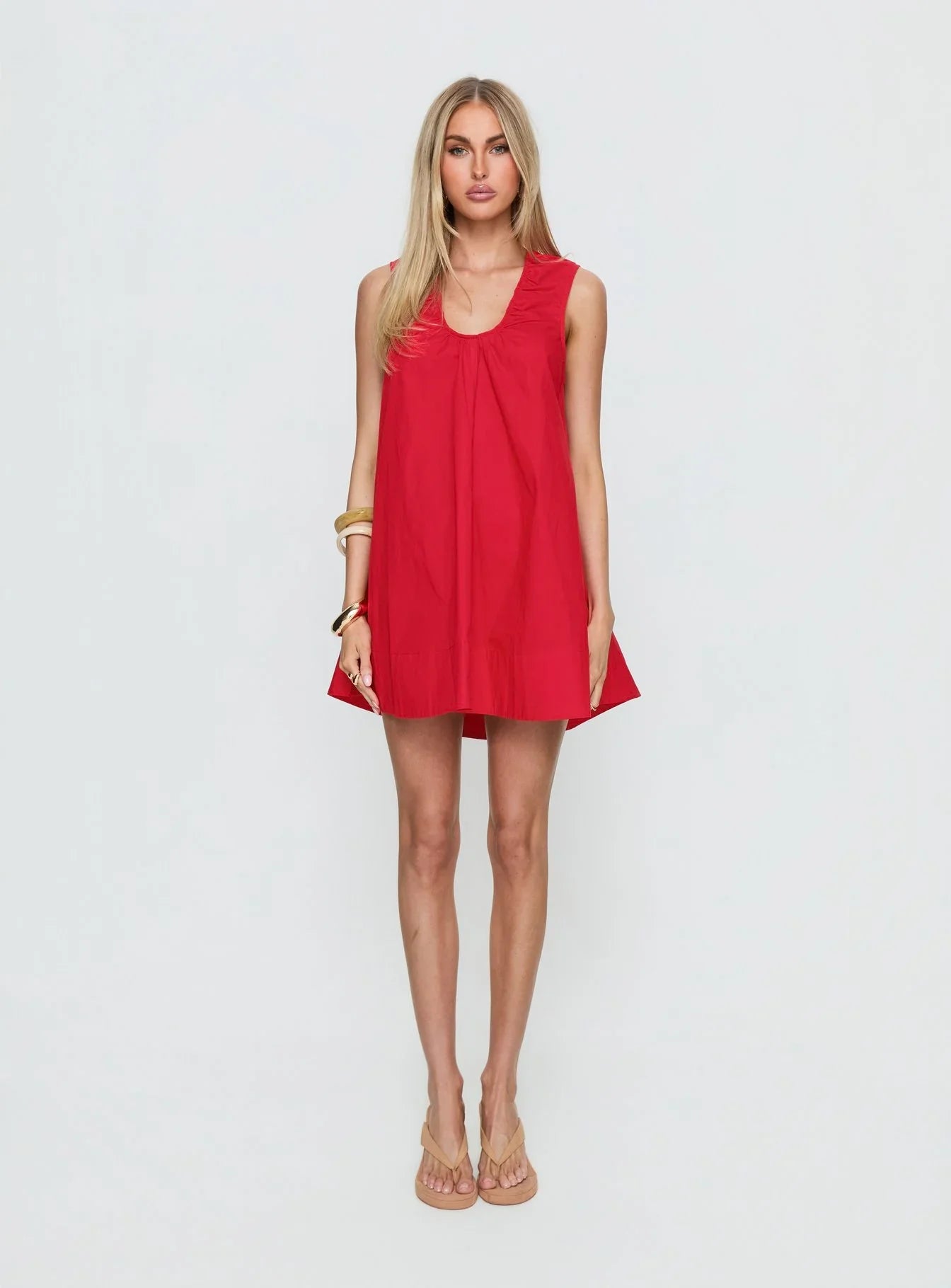 Eberta Ruched Baby Doll Mini Dress Red