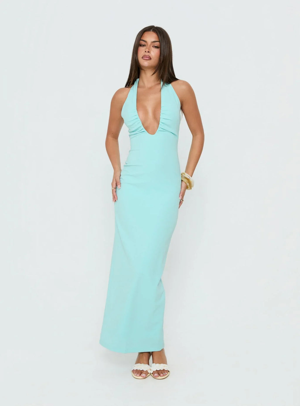 Soft Storm Plunge Halter Maxi Dress Turquoise