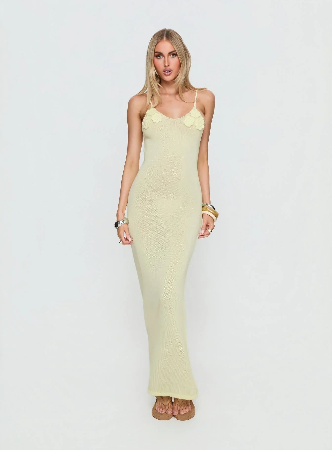 Cinderella Knit Floral Detail Maxi Dress Lemon Yellow