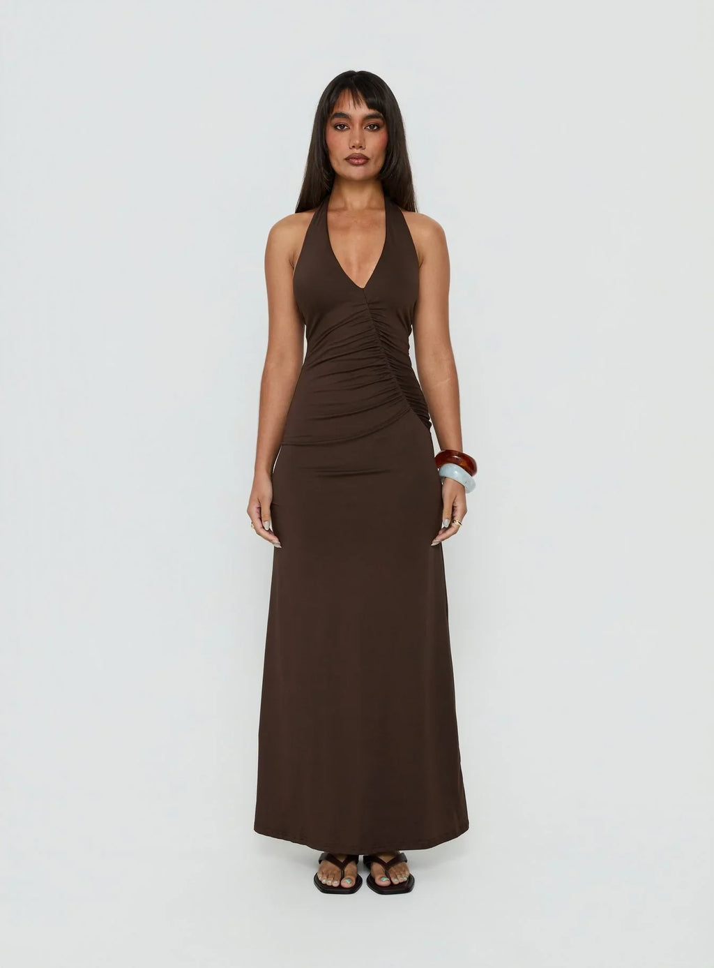 Cadira Ruched Halter Maxi Dress Chocolate