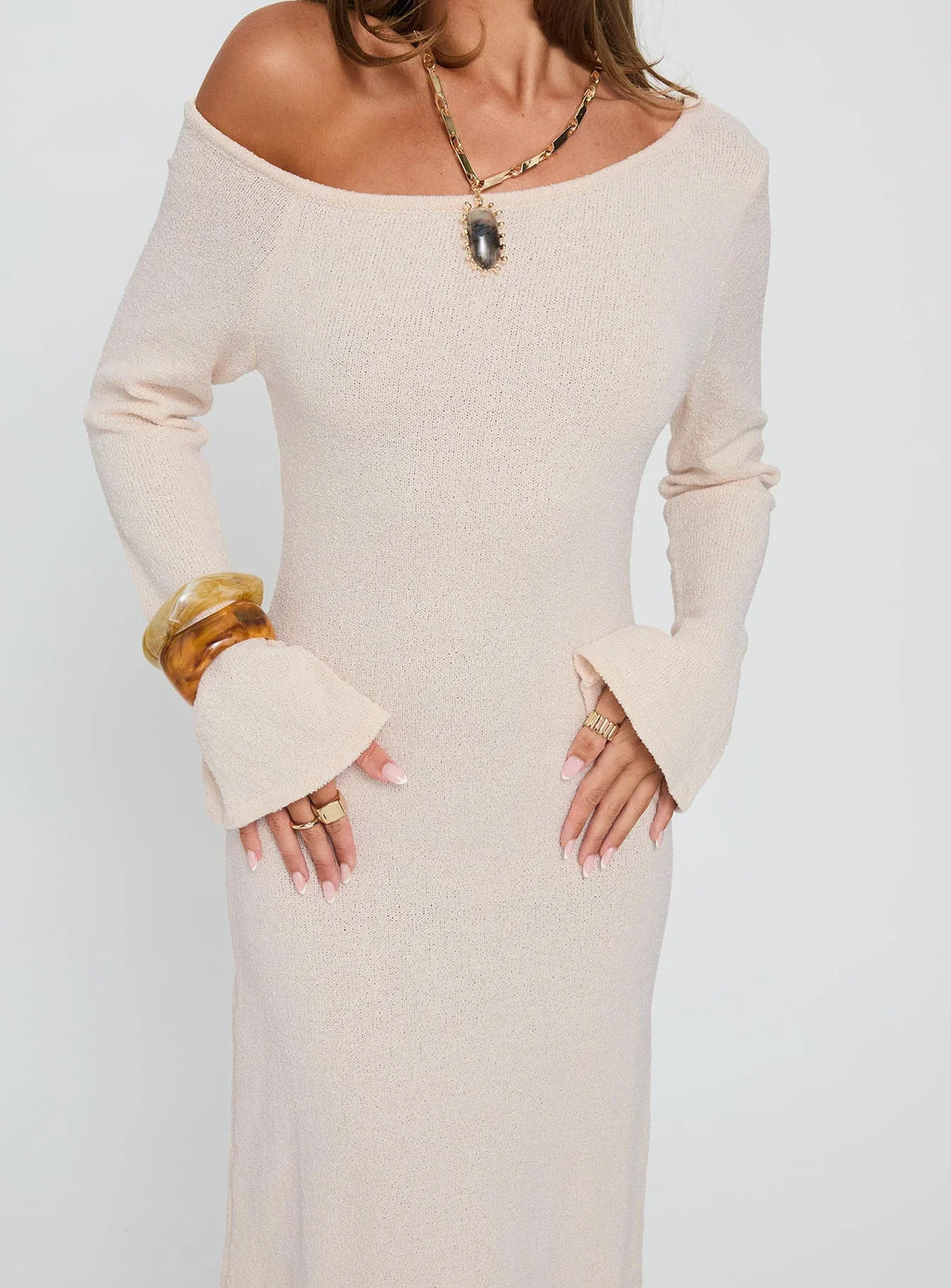 Kloey Long Sleeve Knit Maxi Dress Cream