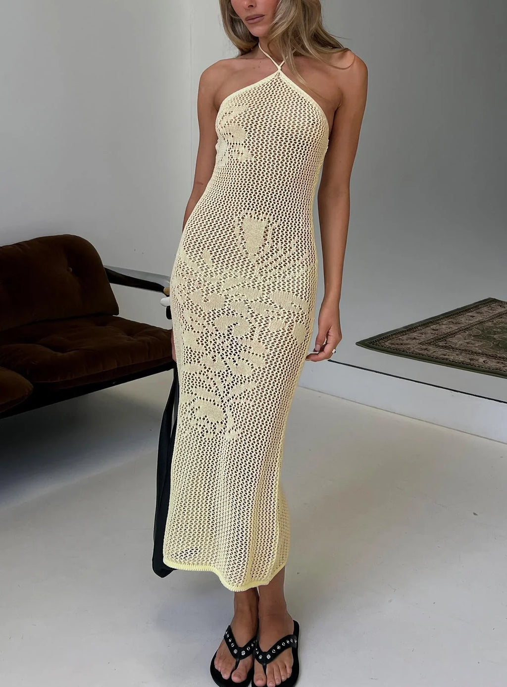 Sebelle Halter Crochet Maxi Dress Yellow