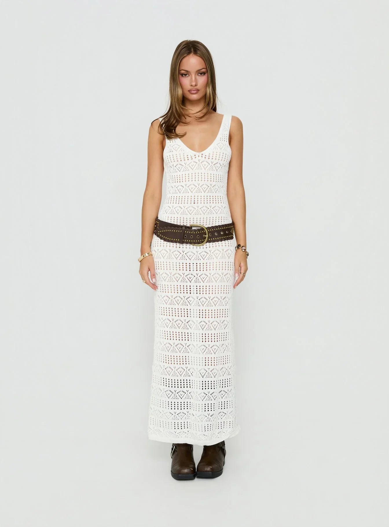 Ledena Knit V Neck Maxi Dress Cream